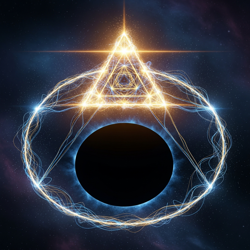 Holograma geométrico de triángulos convergiendo hacia un círculo central, representación simbólica de conciencia, vacío y origen