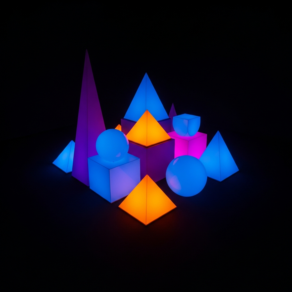 Figuras geométrica proyectadas en piramide pero es cuadrado, donde en tercera hay triangulos esferas mostrando luz, sombra