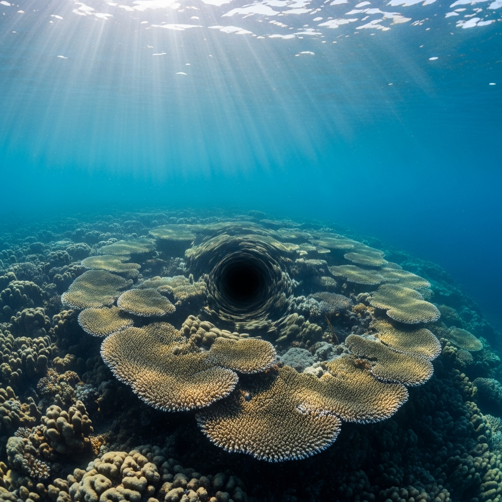 En el oceano coralino se forma un ajugero negro , Invitando a caminar dimensiones , fondo Iluminado 