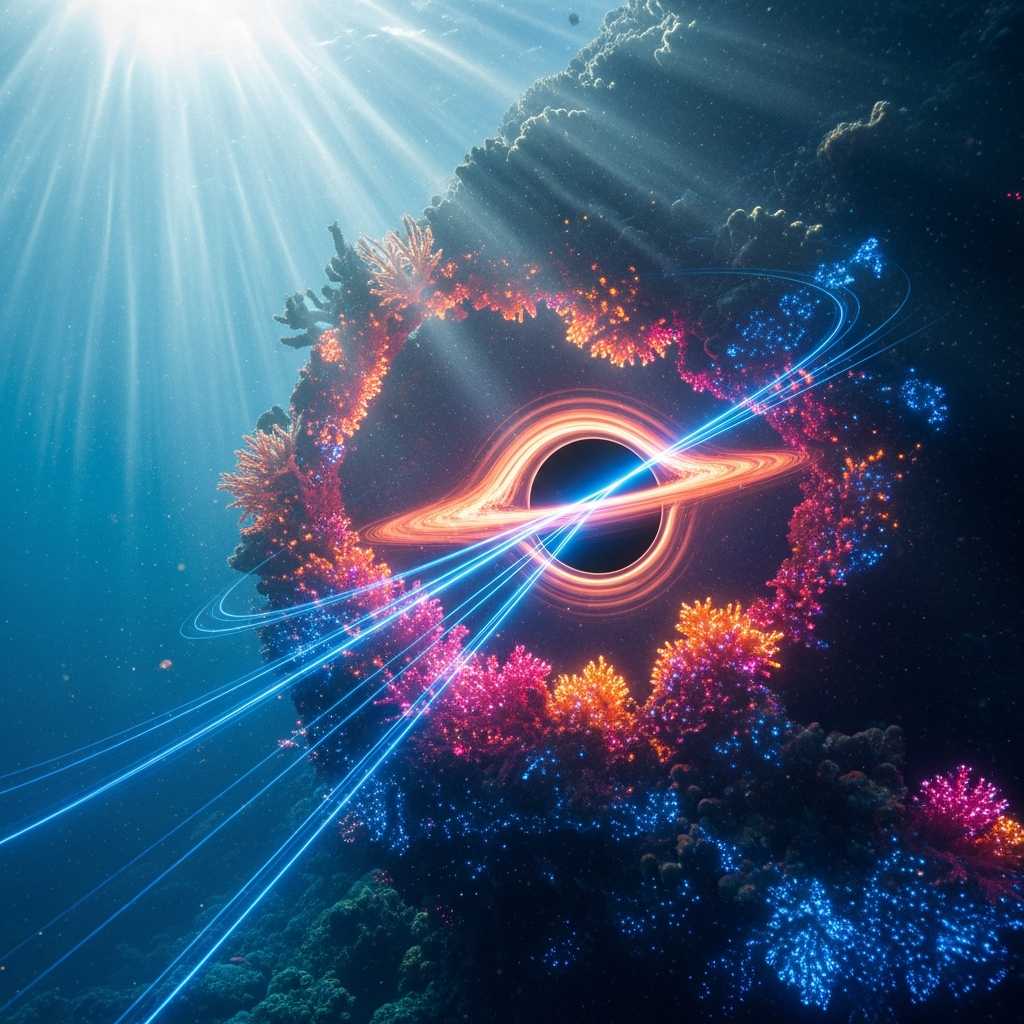 Arrecife marino abriéndose como un agujero negro en un océano iluminado, metáfora de la dualidad y el origen