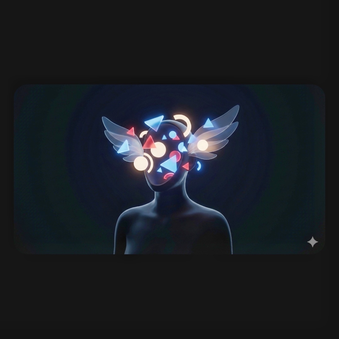 Figura geométrica luminosa sobre fondo negro, simbolo del pensamiento como energía interior, equilibrio entre razón y conciencia