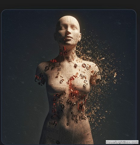 Rostro femenino cubierto de letras ilegibles como metáfora de la identidad, el lenguaje impuesto y la máscara del ego